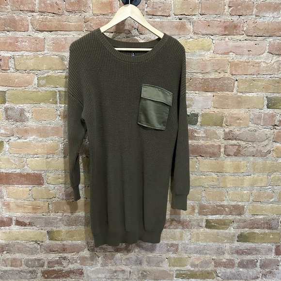 Steve Madden Olive Green Sweater Dress with Satin Pocket - Picture 2 of 6